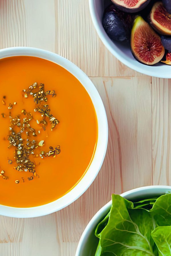 Es ist ein Teller Suppe, Salat und Feigen zu sehen